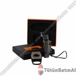 Honest Puro Çakmağı Ve Puro Makası Set Parlak Koyu Gri